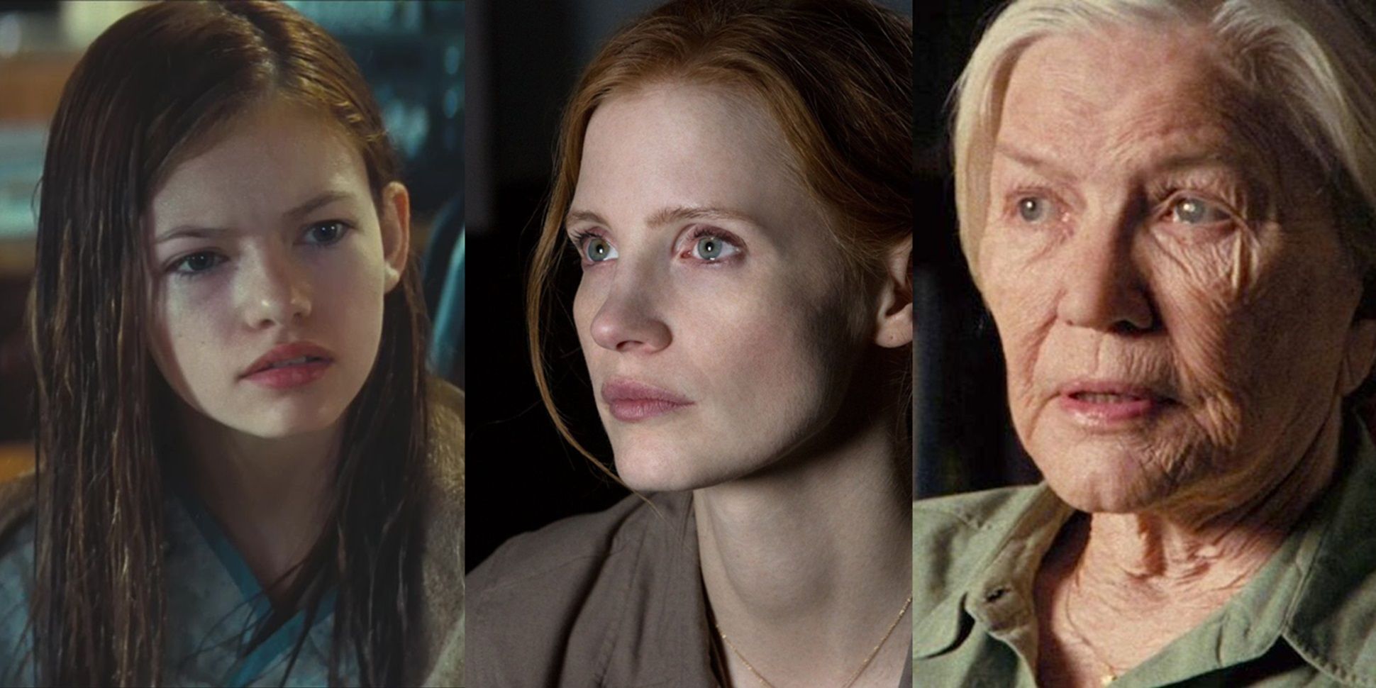 Split image of Mackenzie Foy, Jessica Chastain, and Ellen Burstyn as Murph in Interstellar