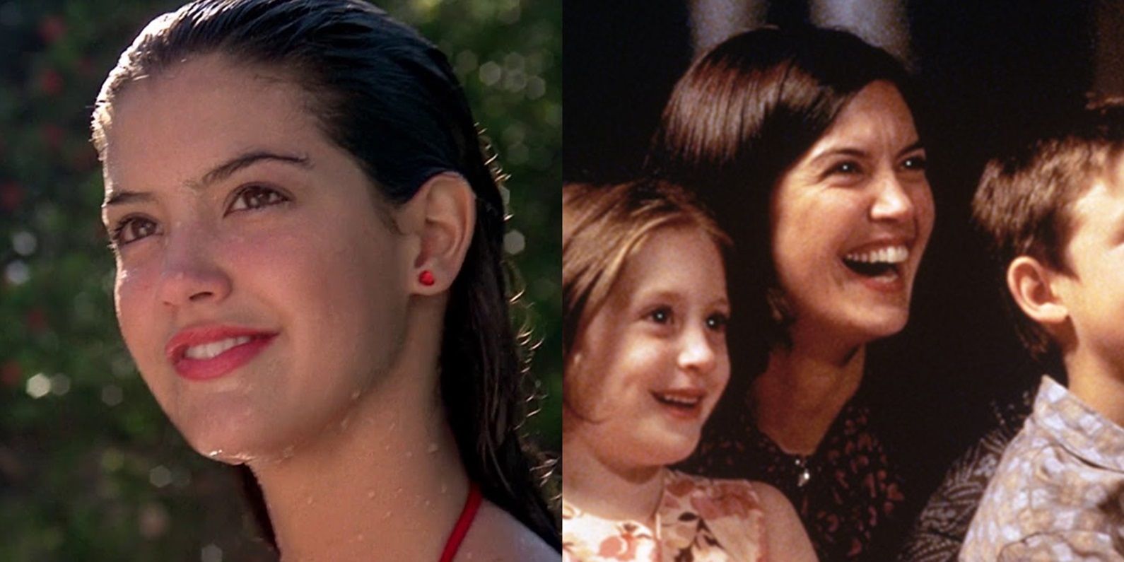 Split image of Phoebe Cates in Fast Times at Ridgemont High and The Anniversary Party