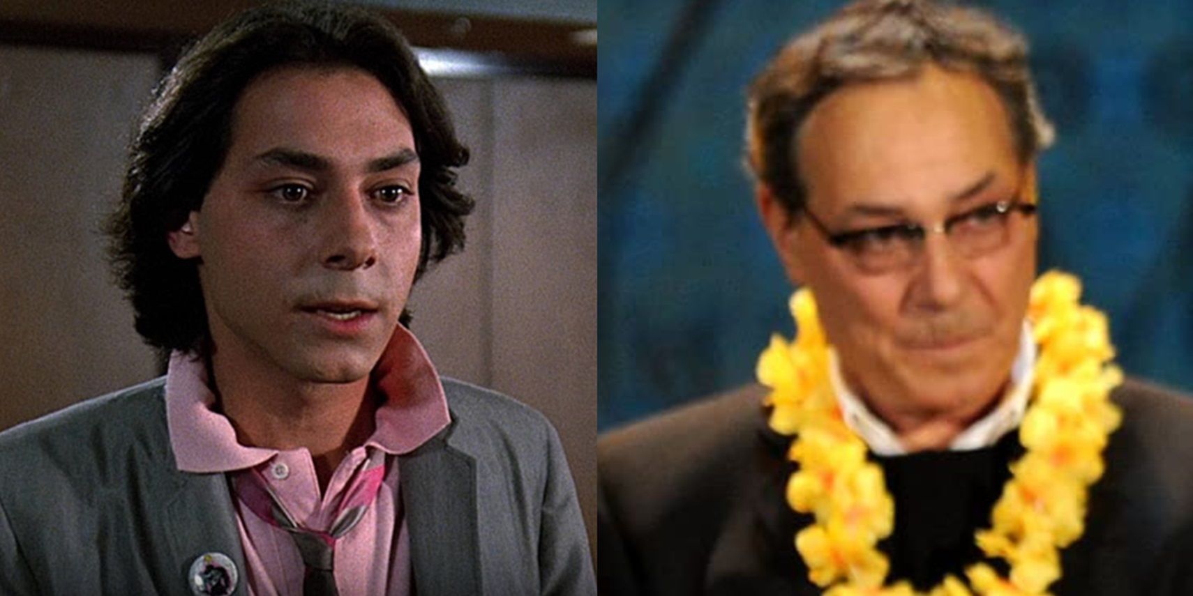 A split image of Robert Romanus in Fast Times at Ridgemont High and at an awards show