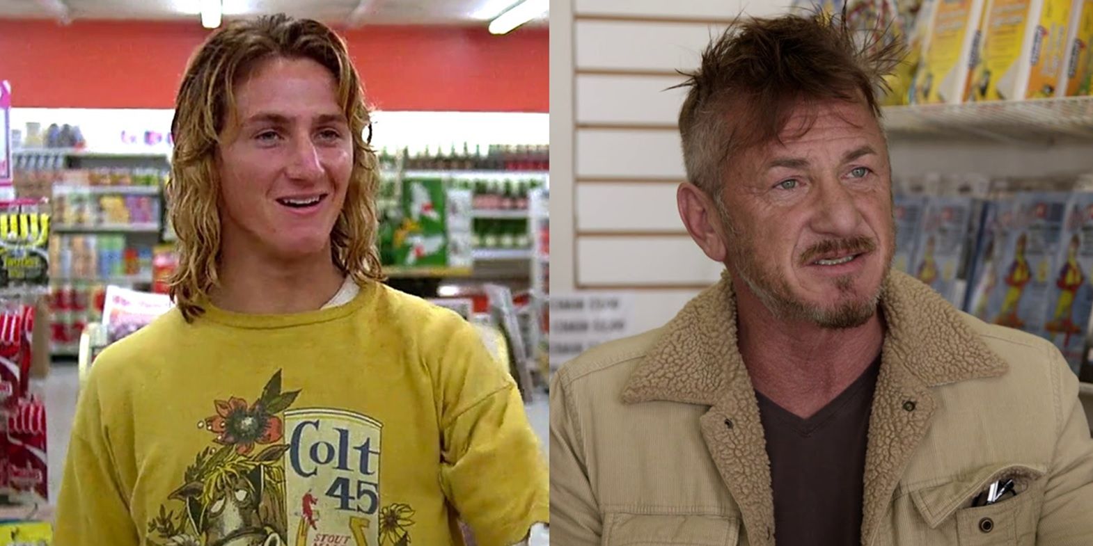 Split image of Sean Penn in Fast Times at Ridgemont High and Curb Your Enthusiasm