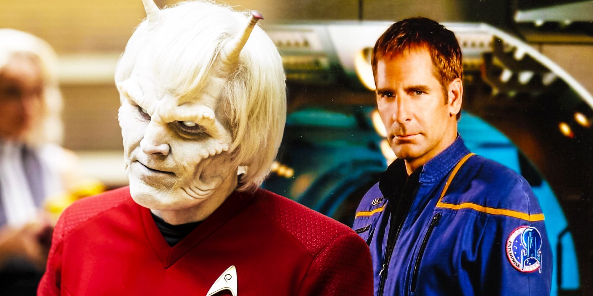 Lt. Hemmer on Strange New Worlds in front of Captain Archer from Star Trek: Enterprise