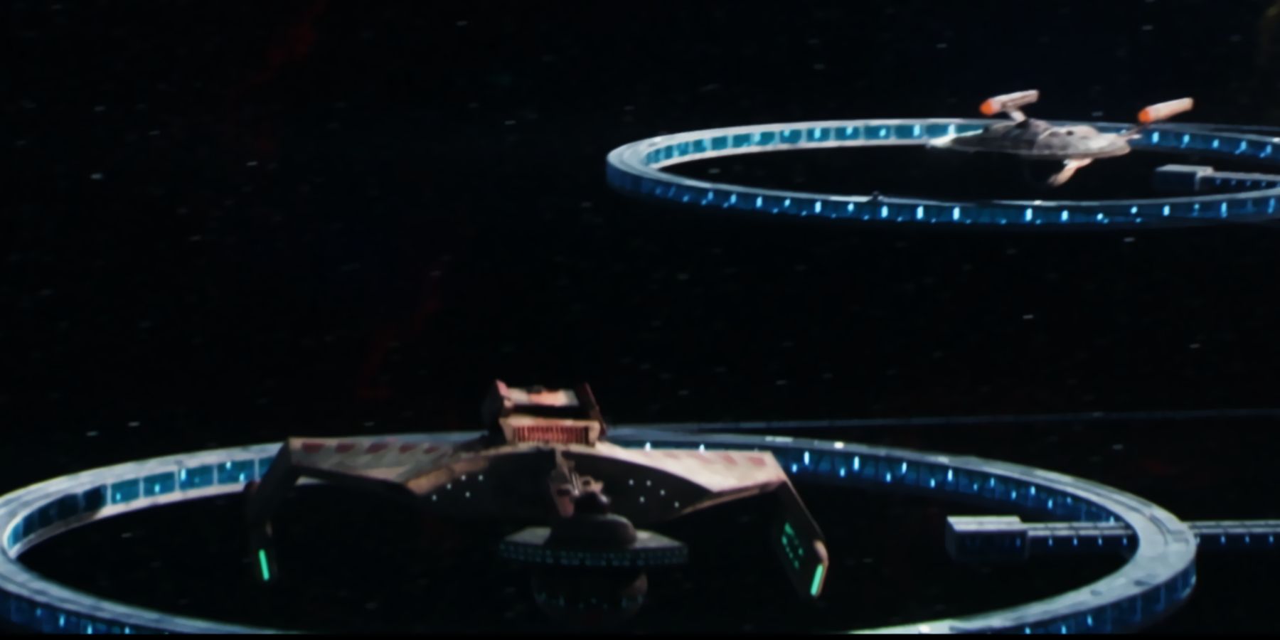 A Klingon Bird-of-Prey and the Enterprise NX-01 at the Fleet Museum in Star Trek: Picard season 3