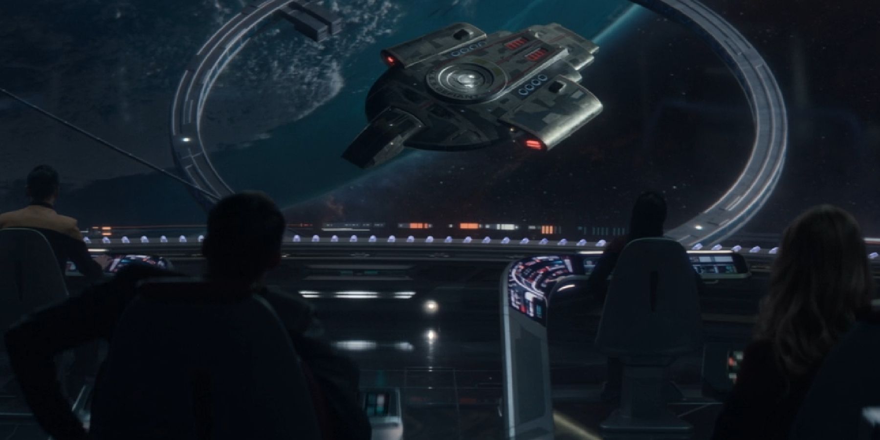 Jack Crusher and Seven of Nine look at the USS Defiant in Star Trek: Picard