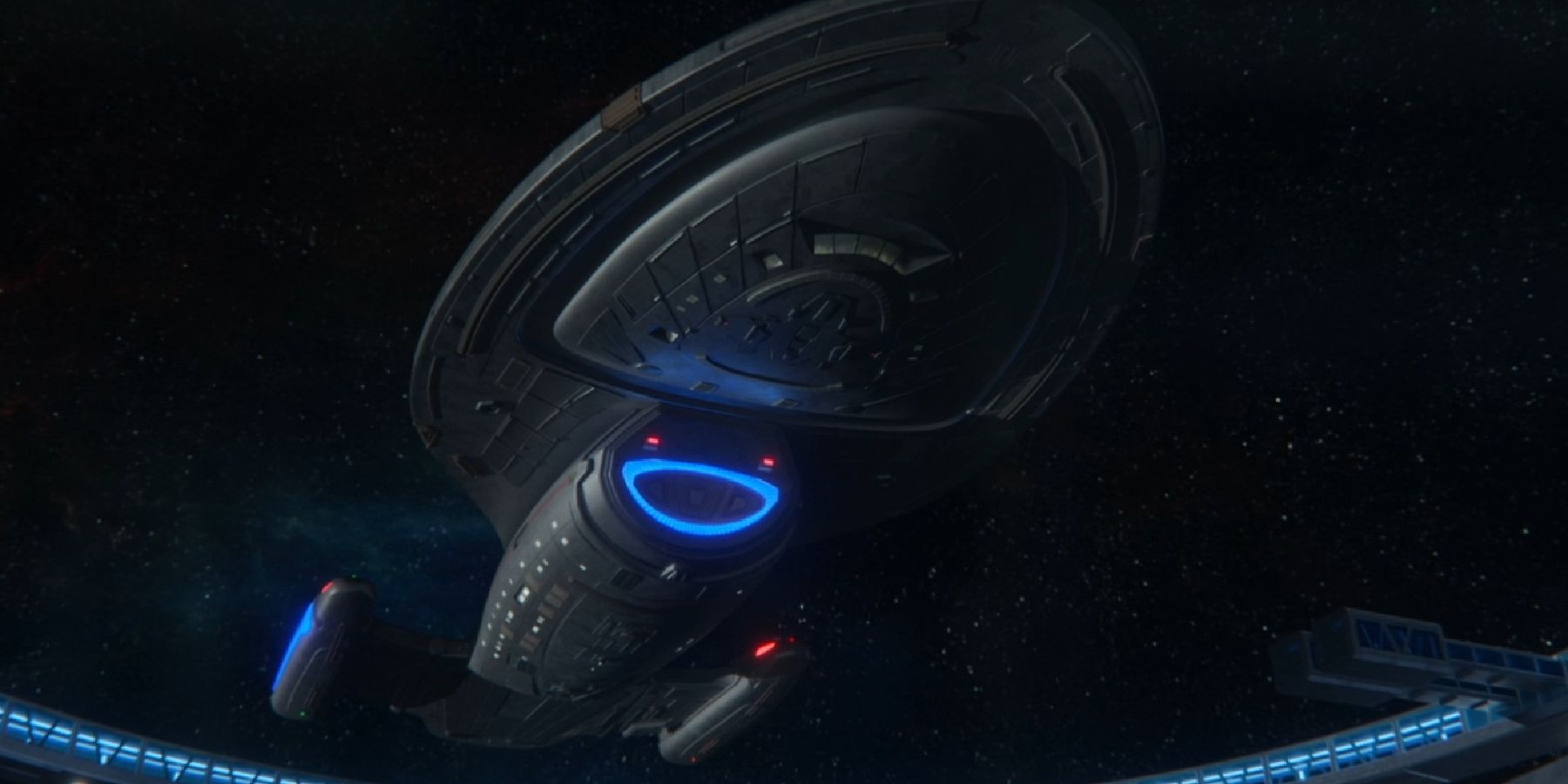 The USS Voyager at rest in Star Trek: Picard's Fleet Museum