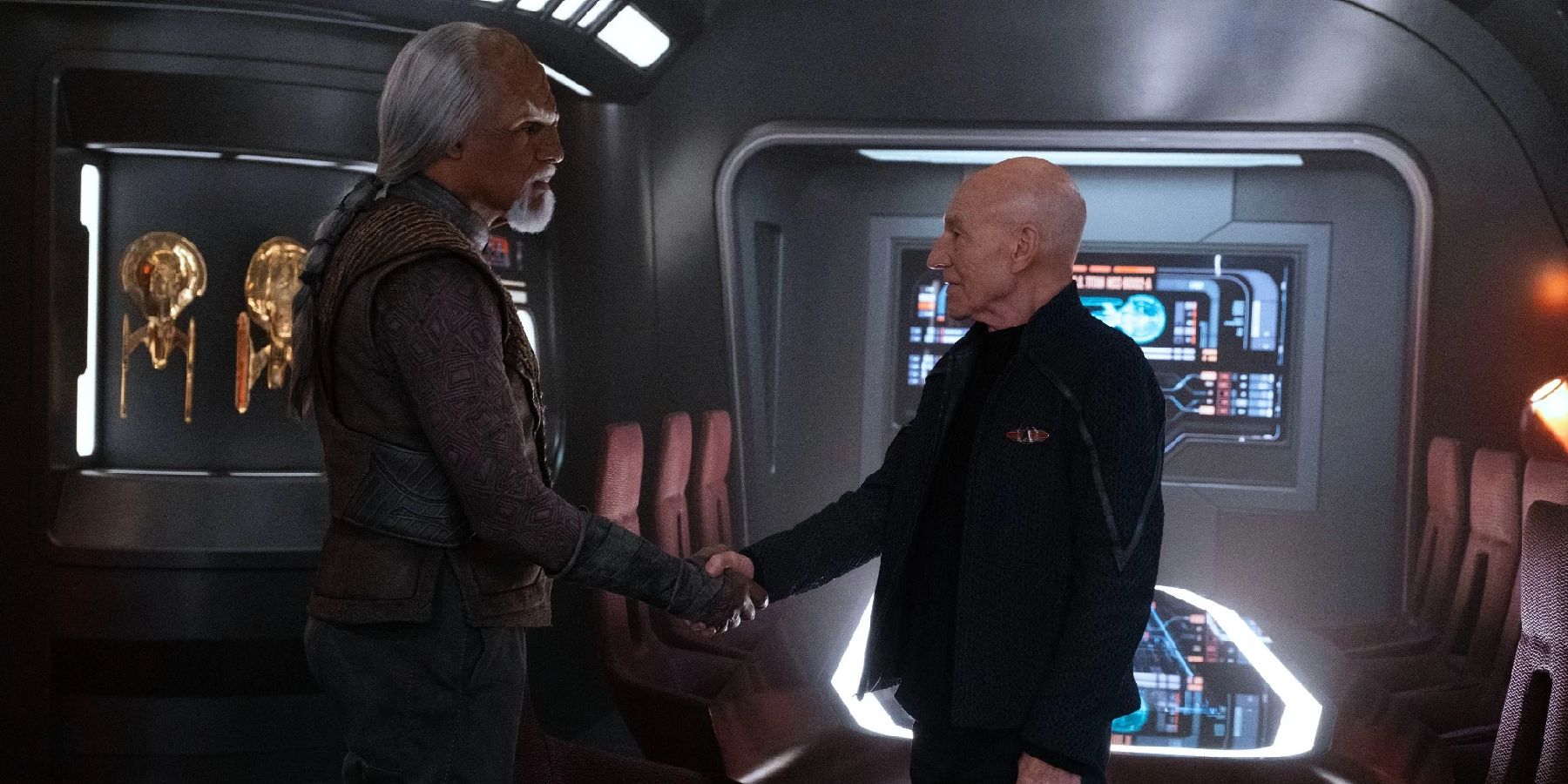 Worf and Jean-Luc shake hands in Star Trek: Picard season 3