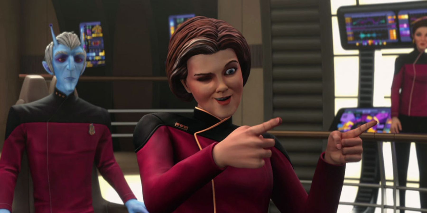 Dal as Vice Admiral Janeway gives the finger guns in Prodigy