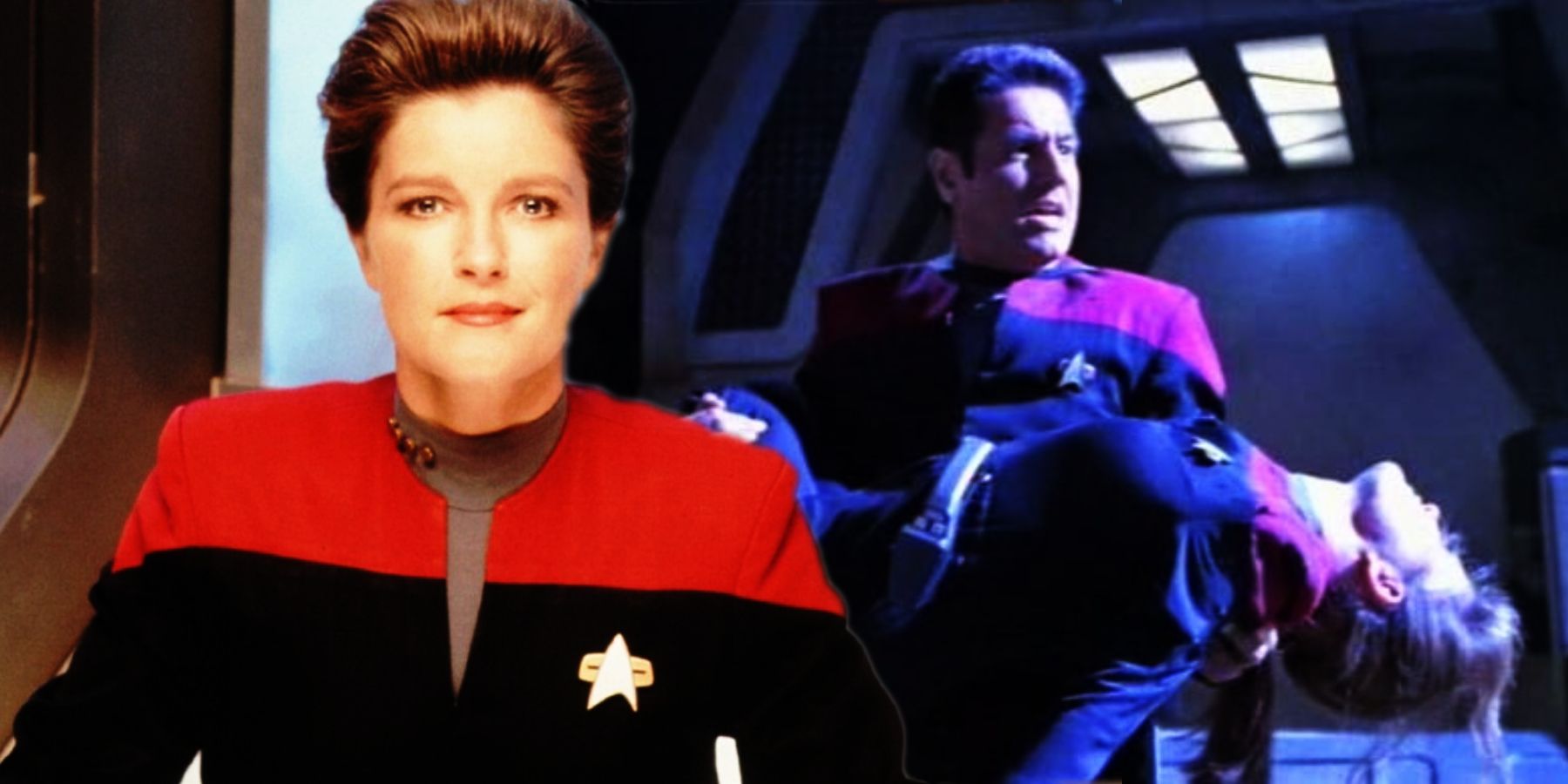 Janeway dies in the arms of Chakotay in Coda