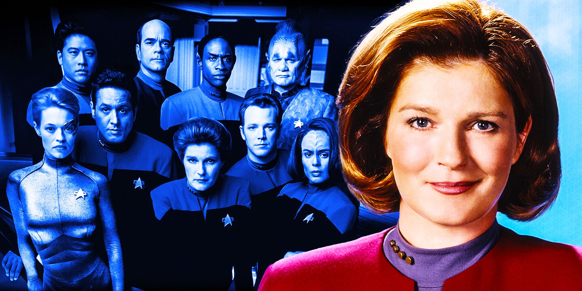 Captain Janeway and the cast of Star Trek: Voyager. 