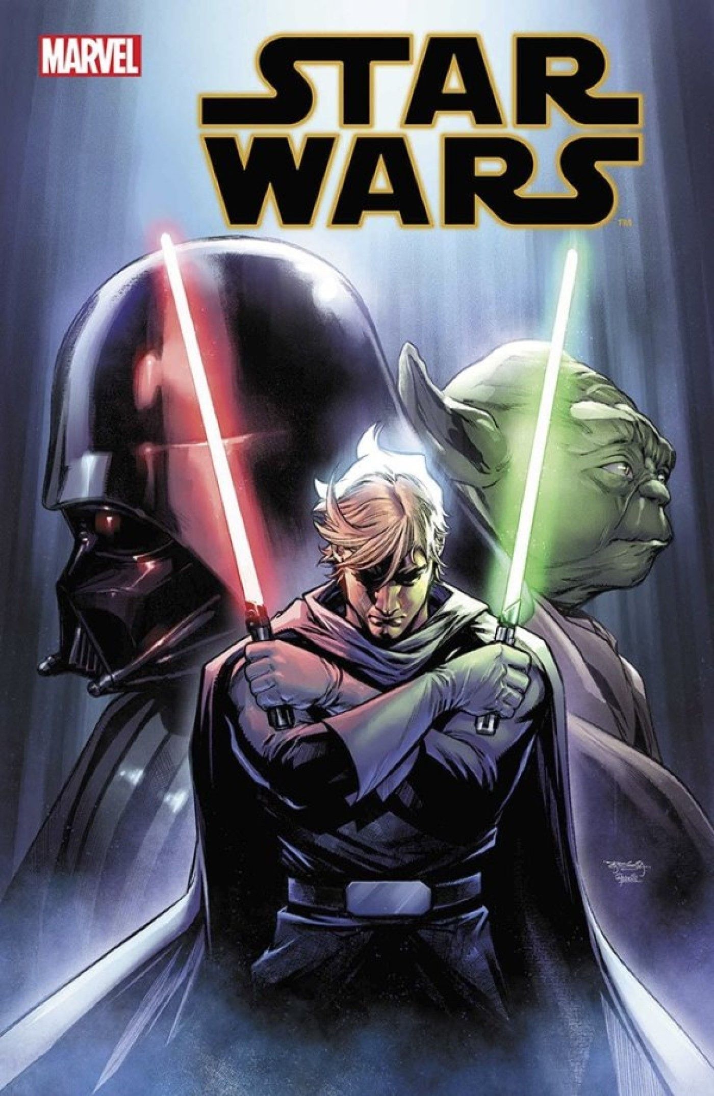 Luke wields one red and one green lightsaber in Star Wars (2020) #35.