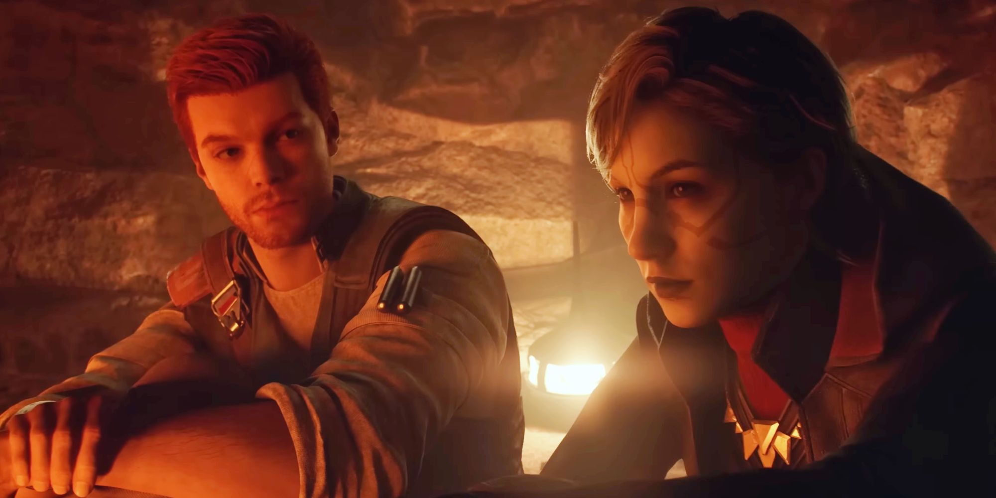 Cal and Merrin in Star Wars Jedi: Survivor, sitting next to each other in what appears to be some sort of cave with a bright light behind them.