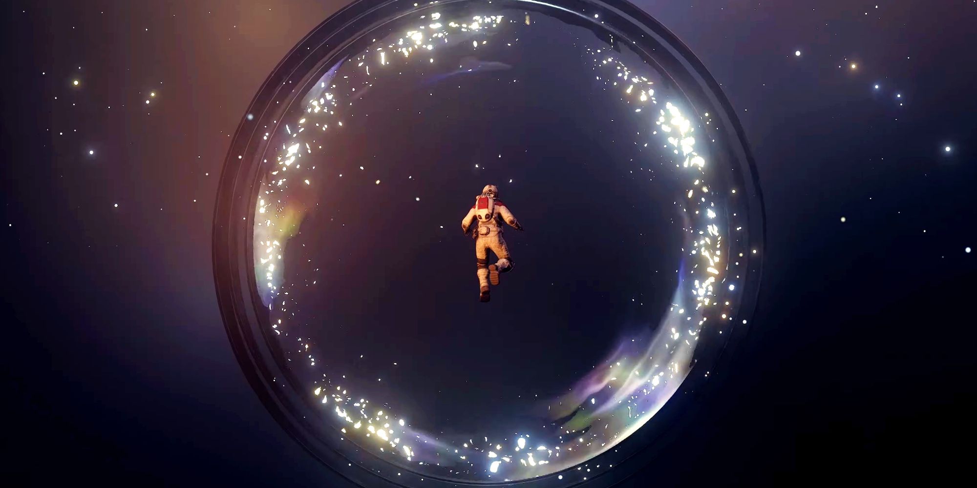 An astronaut in Starfield floating in front of some mysterious ring that appears to be surrounded by stars.