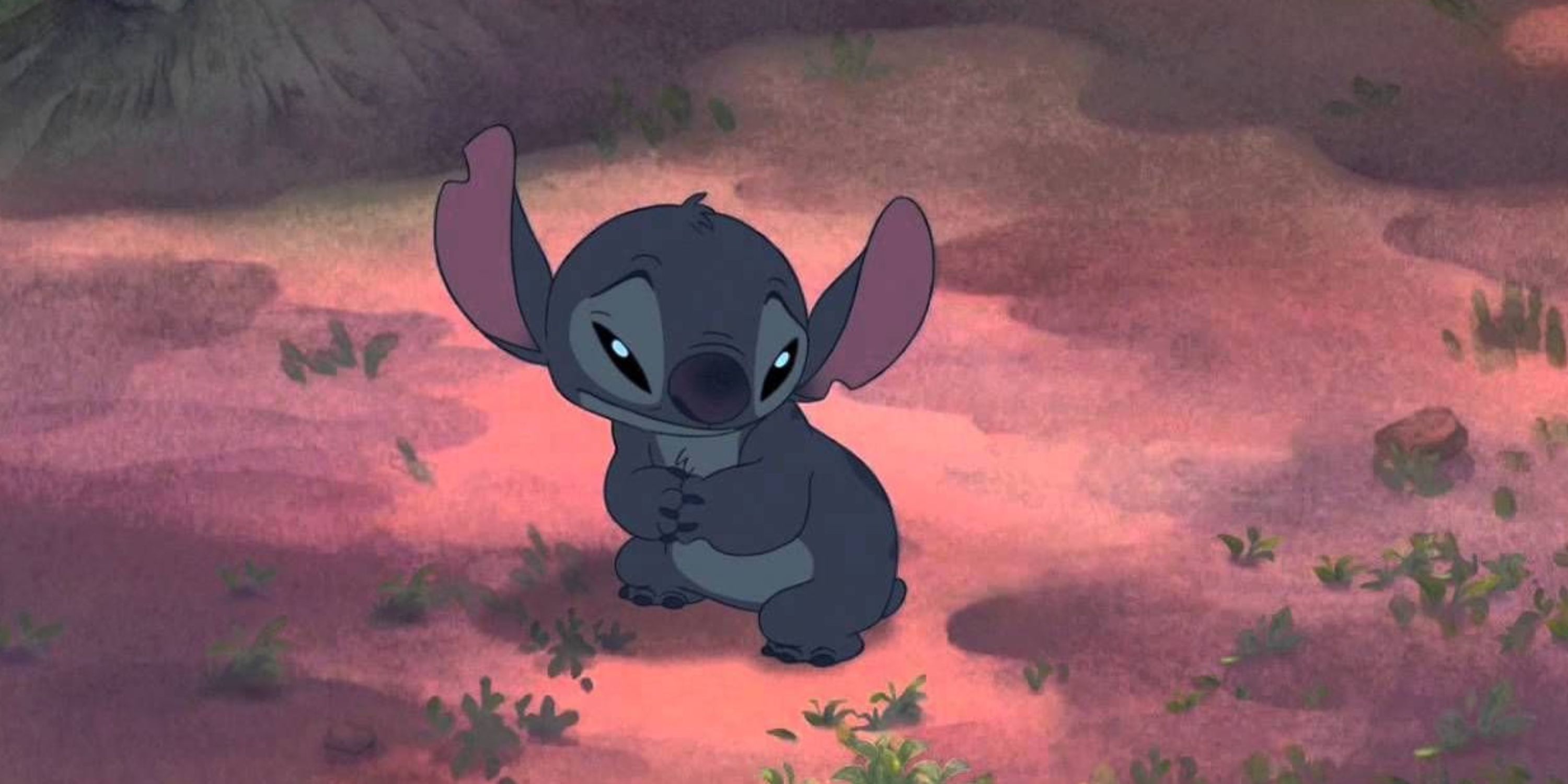 Stitch looking sad in the forest in Lilo and Stitch (2002)