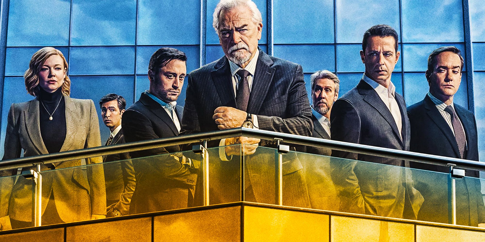 Succession season 4 cast promotional image with all the major characters looking down from a balcony.