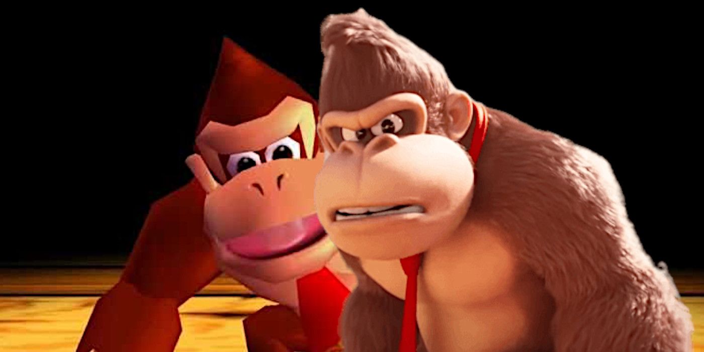 Super Mario Bros Movie Donkey Kong looking annoyed at N64 Donkey Kong dancing merrily in a rap video