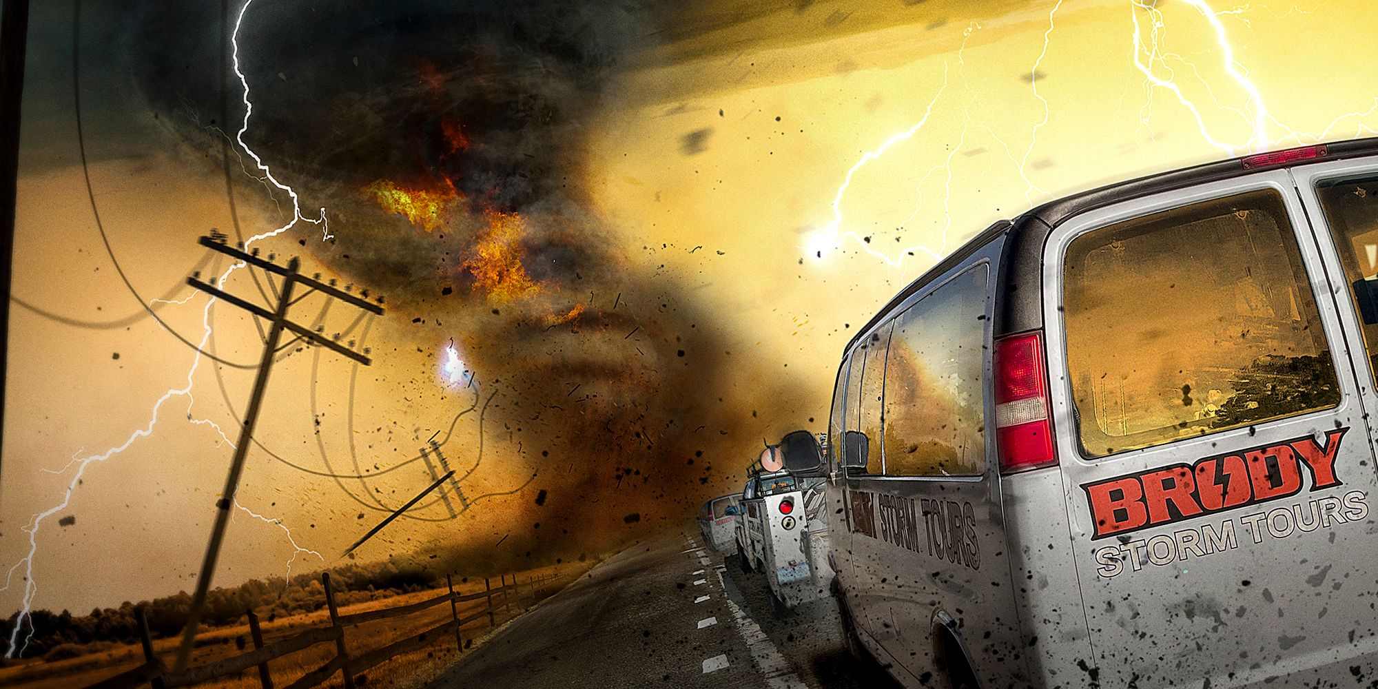 A cropped image from the Supercell poster features a van headed toward a dangerous tornado