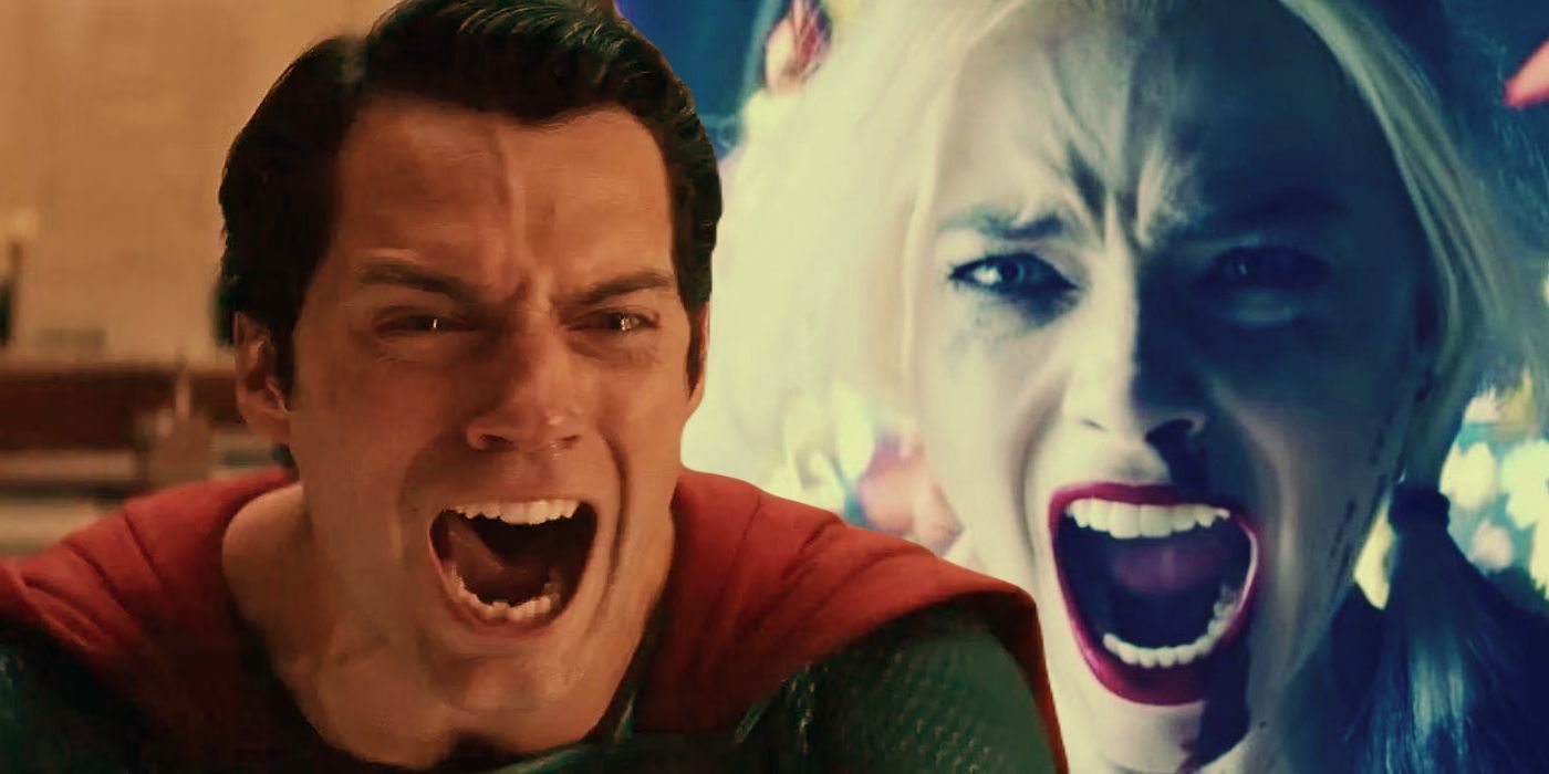 Split Image of Superman (Henry Cavill) and Harley Quinn (Margot Robbie) Screaming