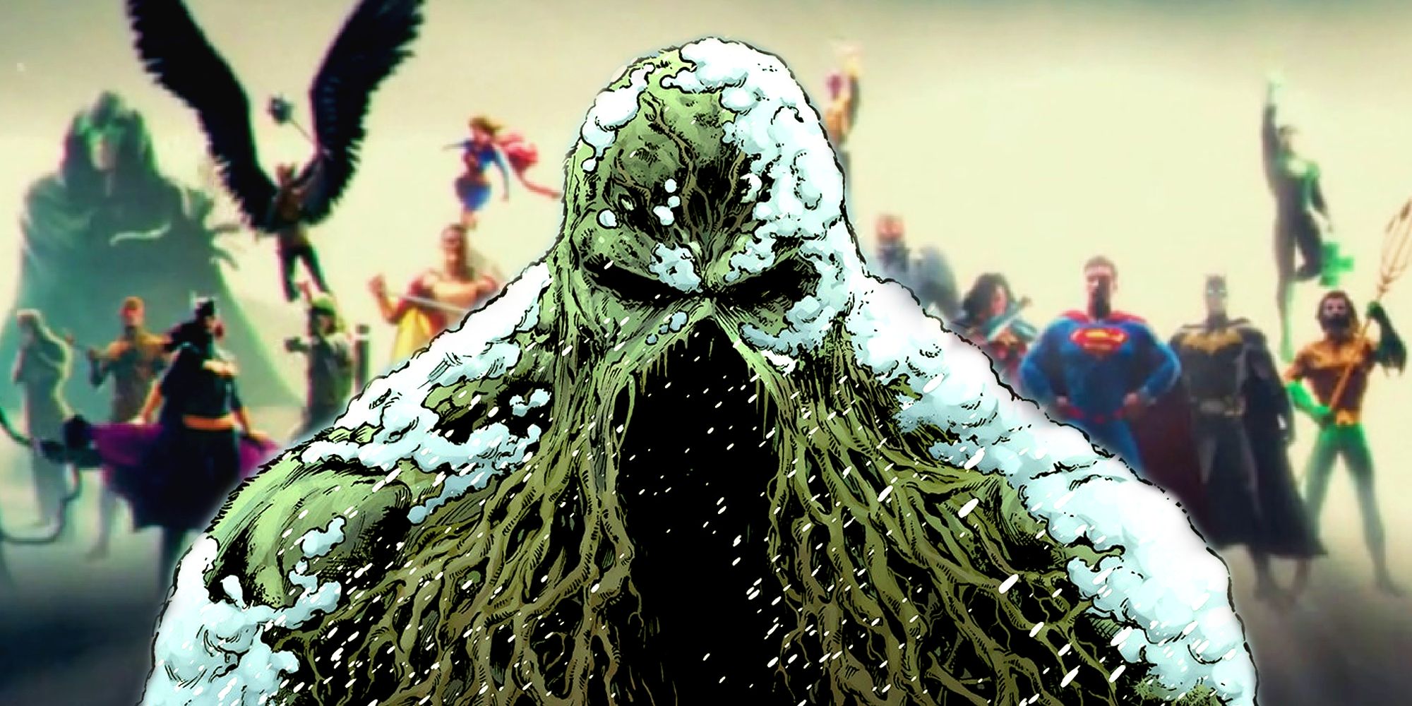 Imagem personalizada do Monstro do Pântano na frente da Liga da Justiça