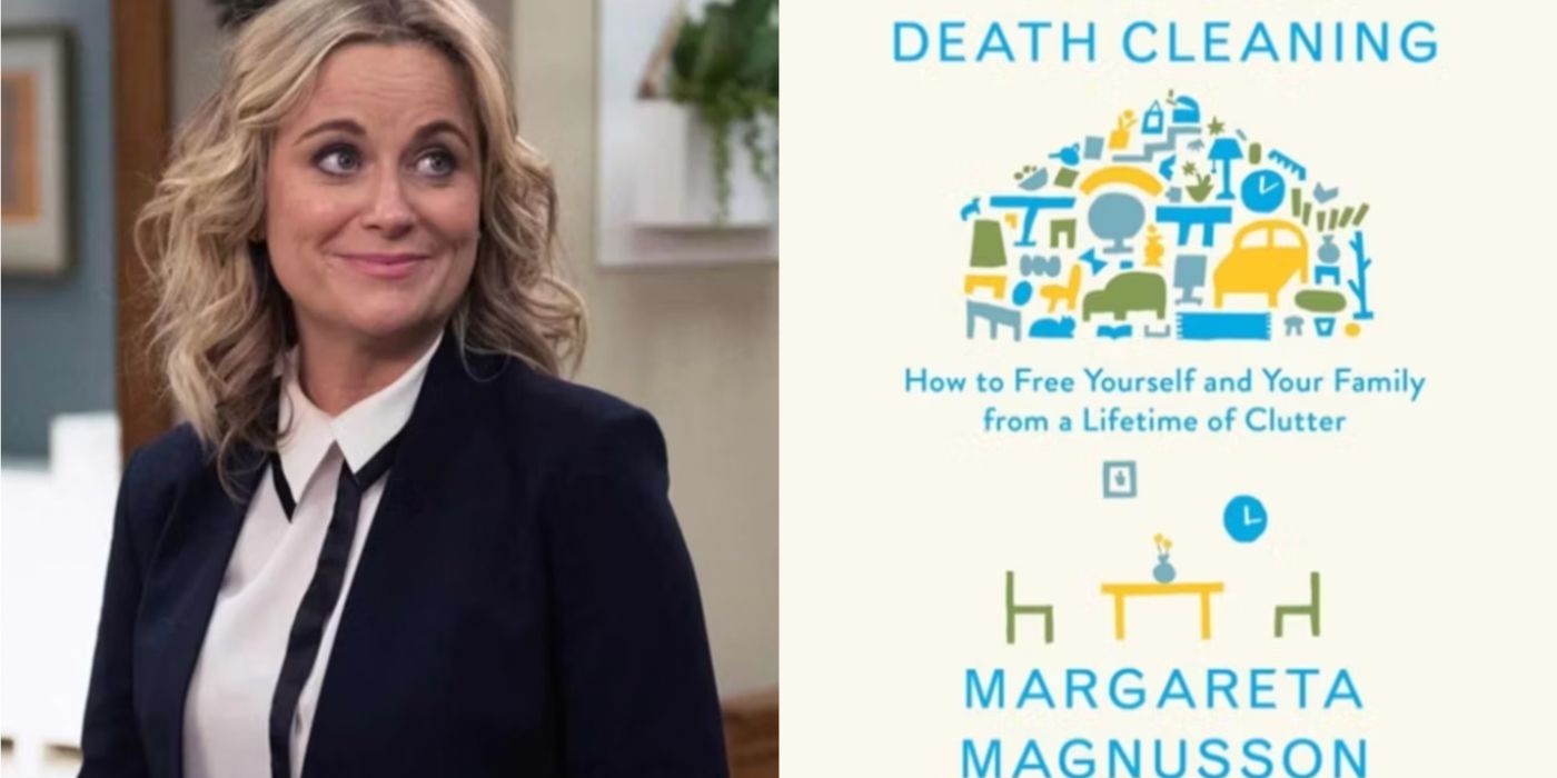 A split image features Amy Poehler alongside the cover of the book The Gentle Art Of Swedish Death Cleaning