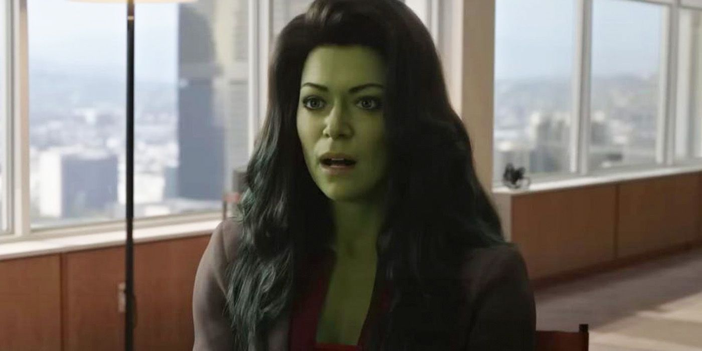 A surprised Jennifer Walters in her Hulk form in She-Hulk