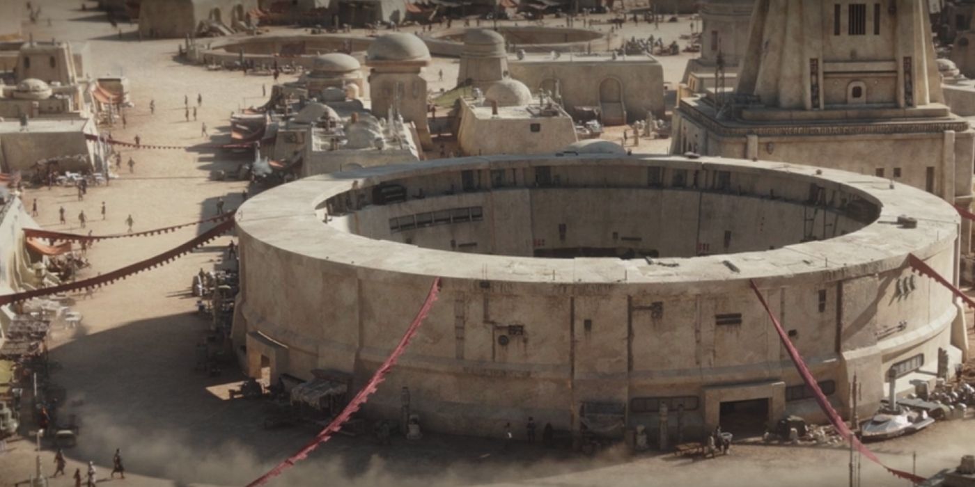 Mos Eisley on Tatooine with Boonta Eve decorations in The Mandalorian season 3, episode 2