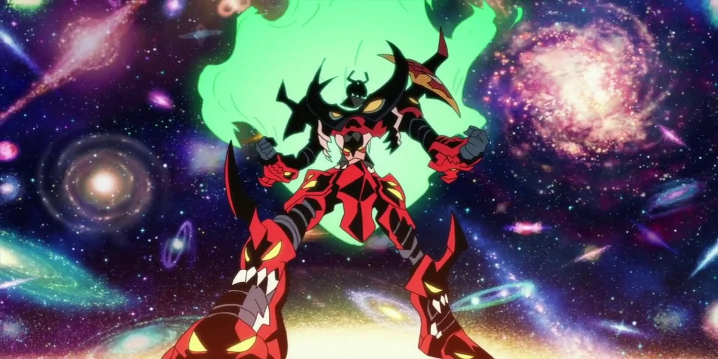 Tengen Toppa Gurren Lagann screencap of a mech surrounded by various galaxies in outer space.