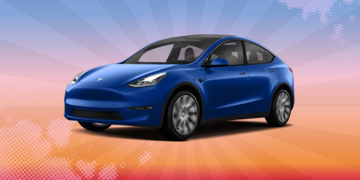 Tesla Model Y on custom blue and orange background