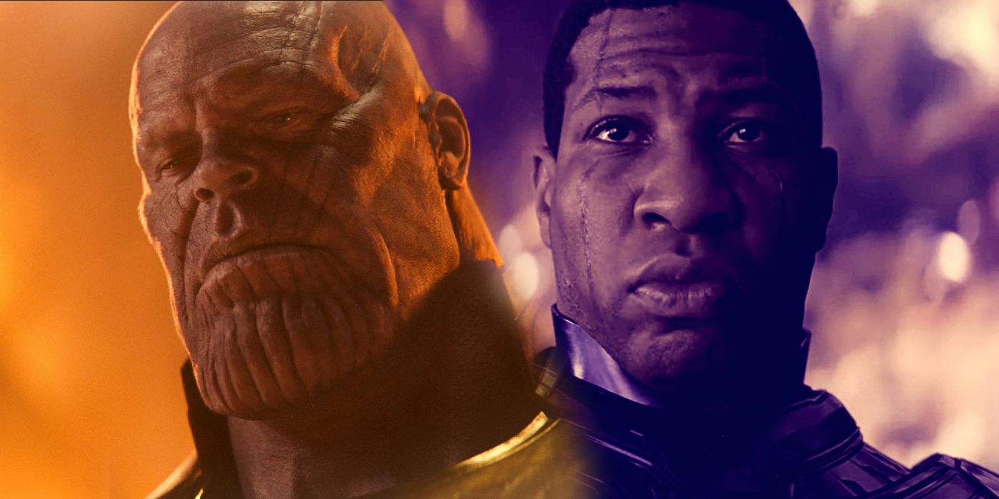 Imagen dividida de Thanos (Josh Brolin) en Infinity War y Kang the Conqueror (Jonathan Majors) en Quantumania