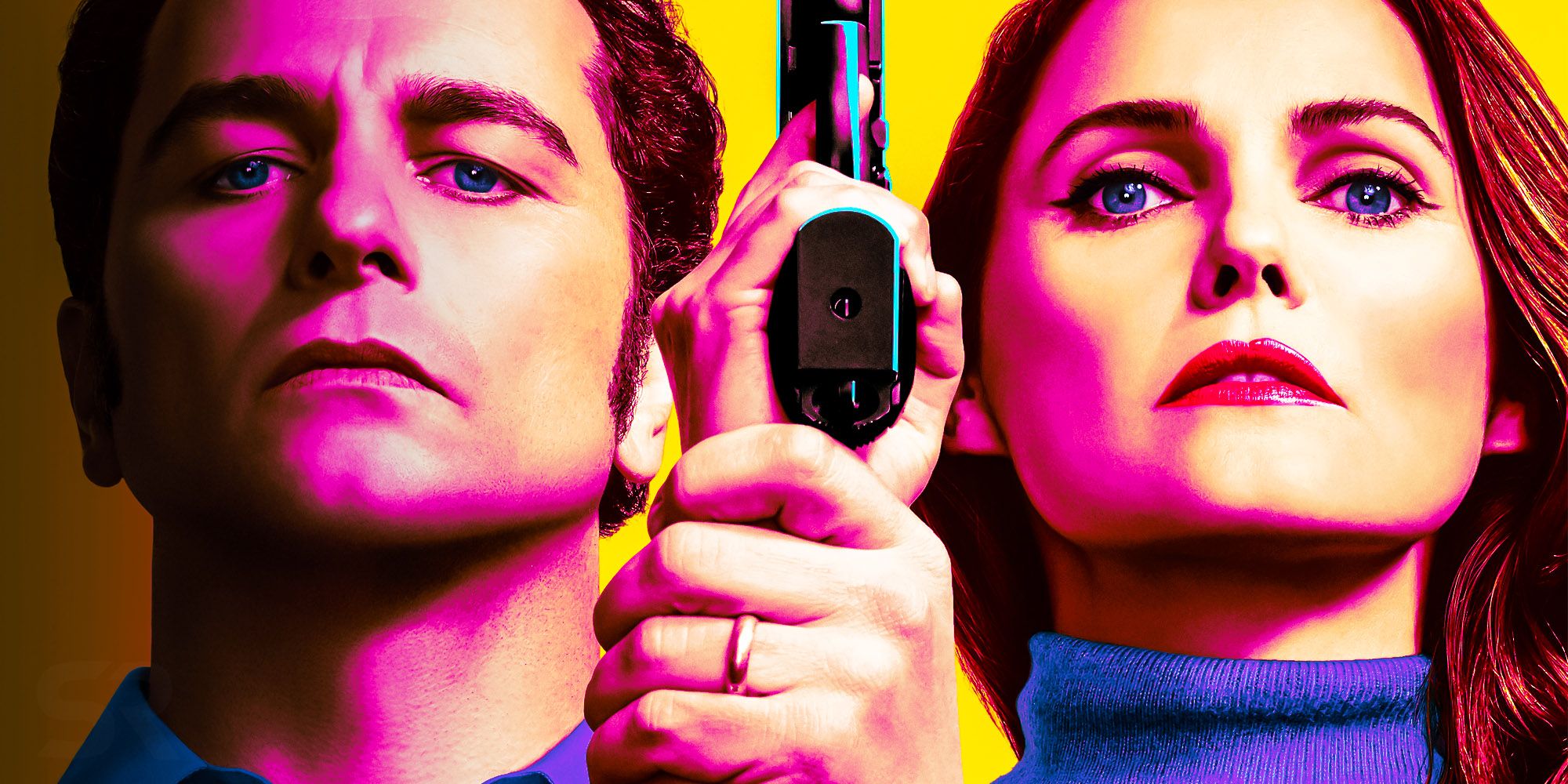 Matthew Rhys and Keri Russell on a stylized poster for The Americans