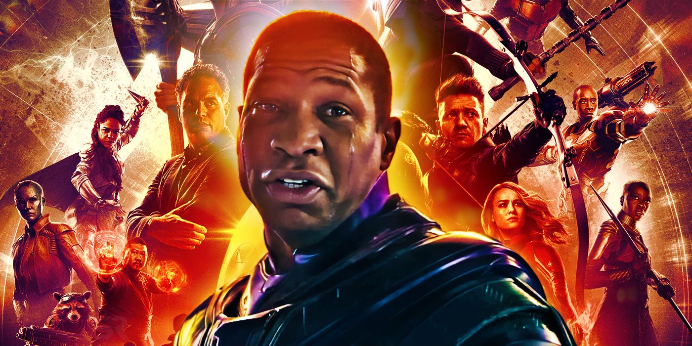 Kang the Conqueror (Jonathan Majors) flanked by the Avengers, including Valkryie, Bruce Banner, Nebula, Wong, Rocket Raccoon, Thor, Hawkeye, Captain Marvel, okoye, and War Machine