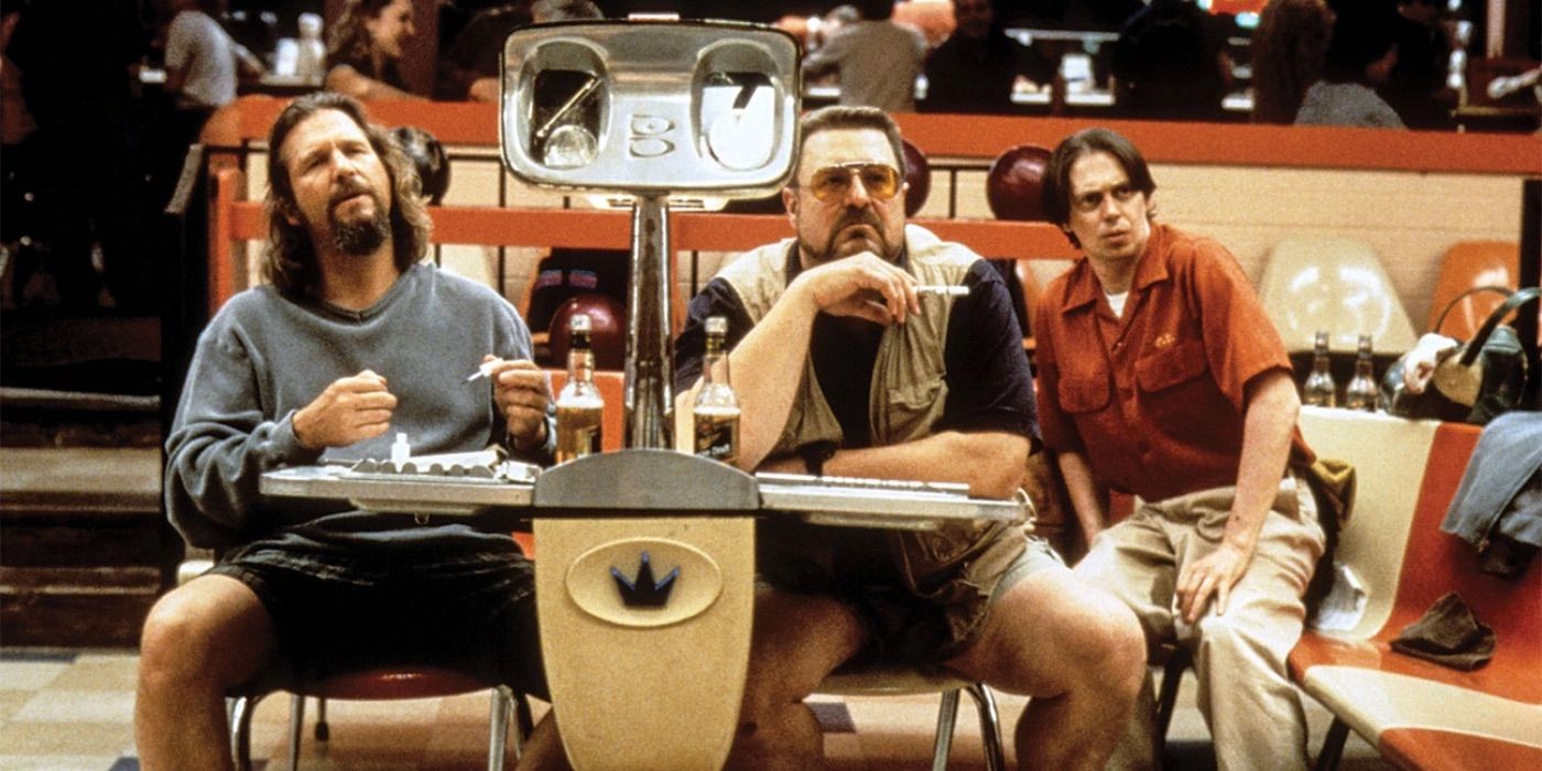 The Dude, Walter, and Donny look on at the bowling alley in The Big Lebowski