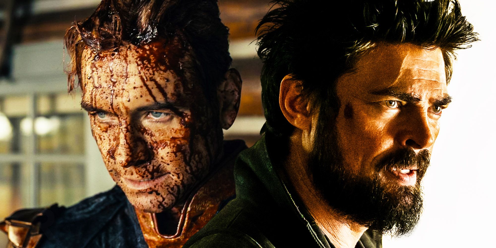Anthony Starr as Homelander covered in blood, and Karl Urban as Billy Butcher in The Boys