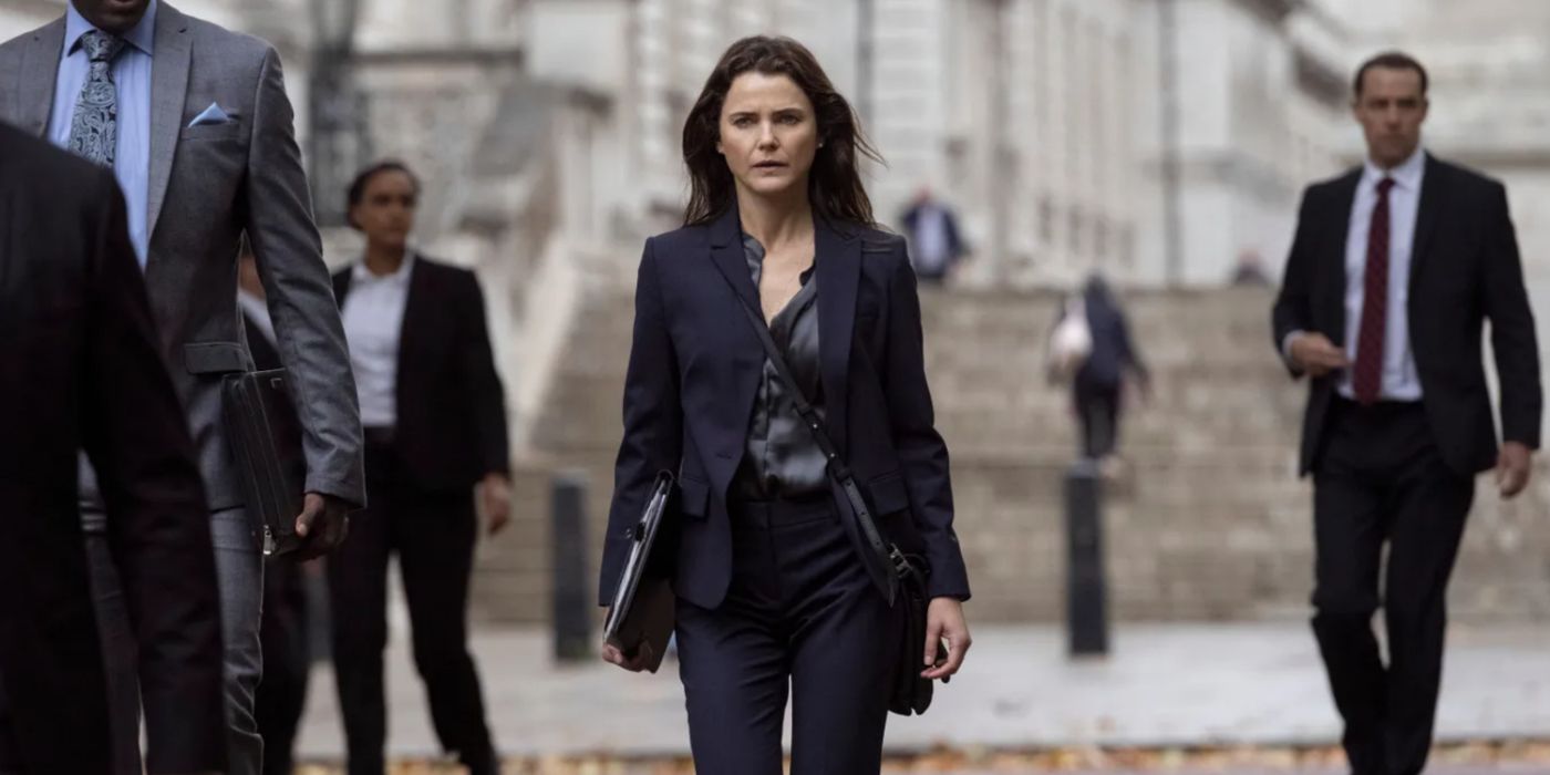 Keri Russell walking and looking intense in The Diplomat