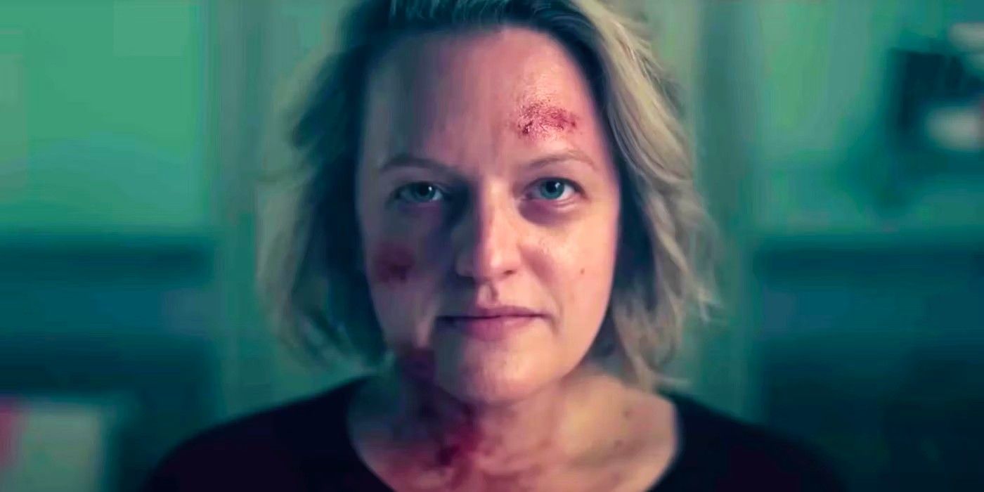 Elisabeth Moss face bloodied and bruised in The Handmaid's Tale season 5