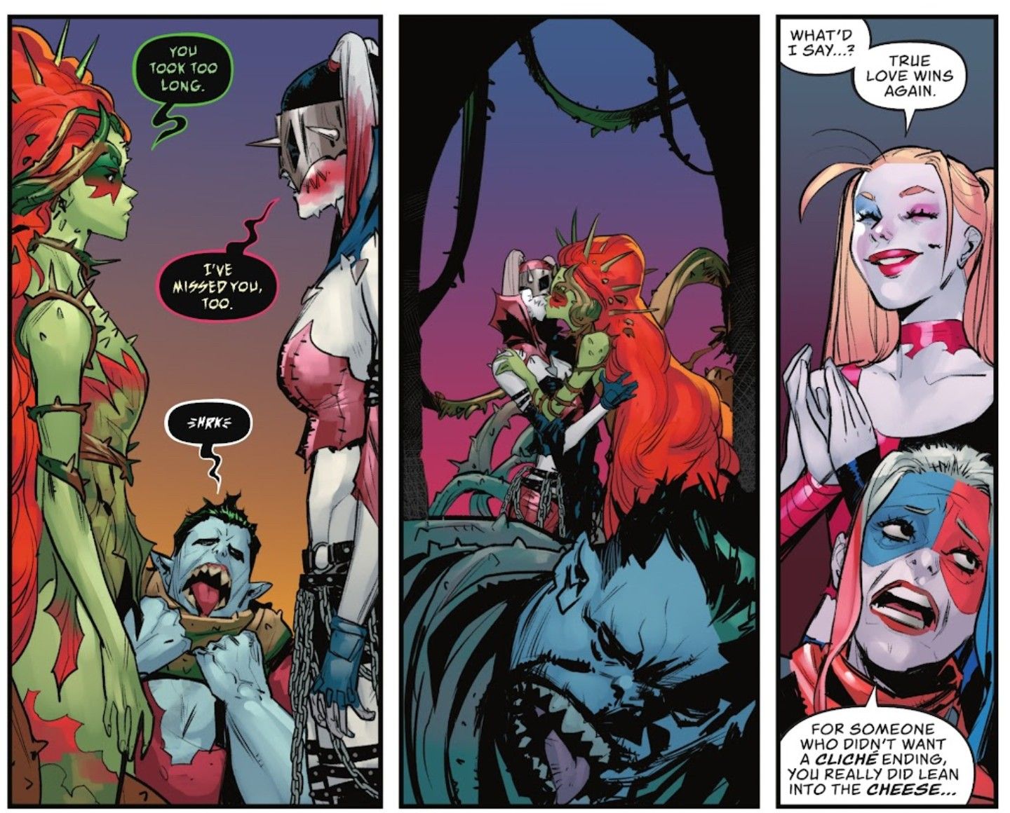 A Ivy que ri e a Harley que ri se beijam enquanto Harley Quinn assiste