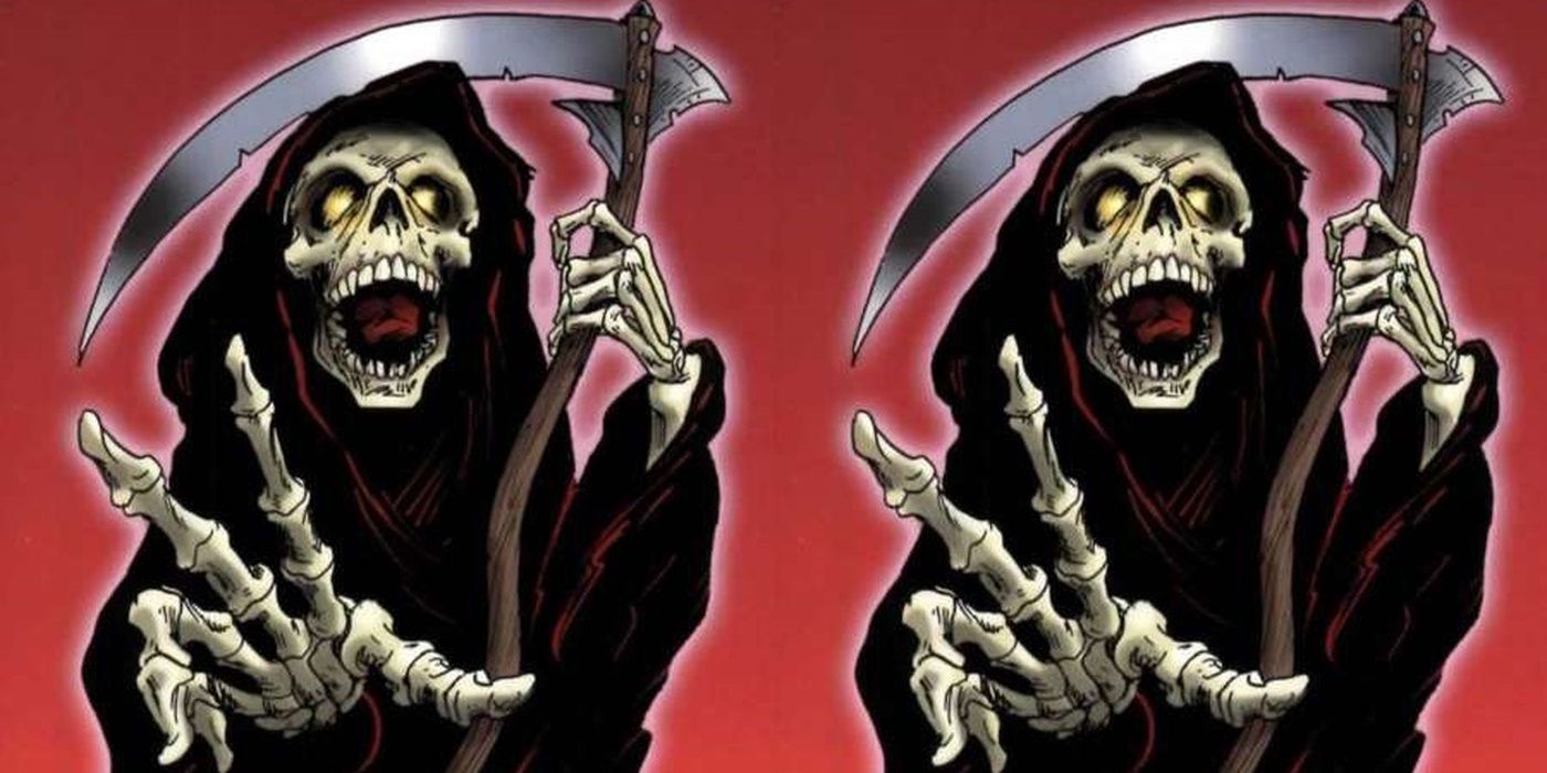 Duel image of a grim reaper reaching out towards the viewer