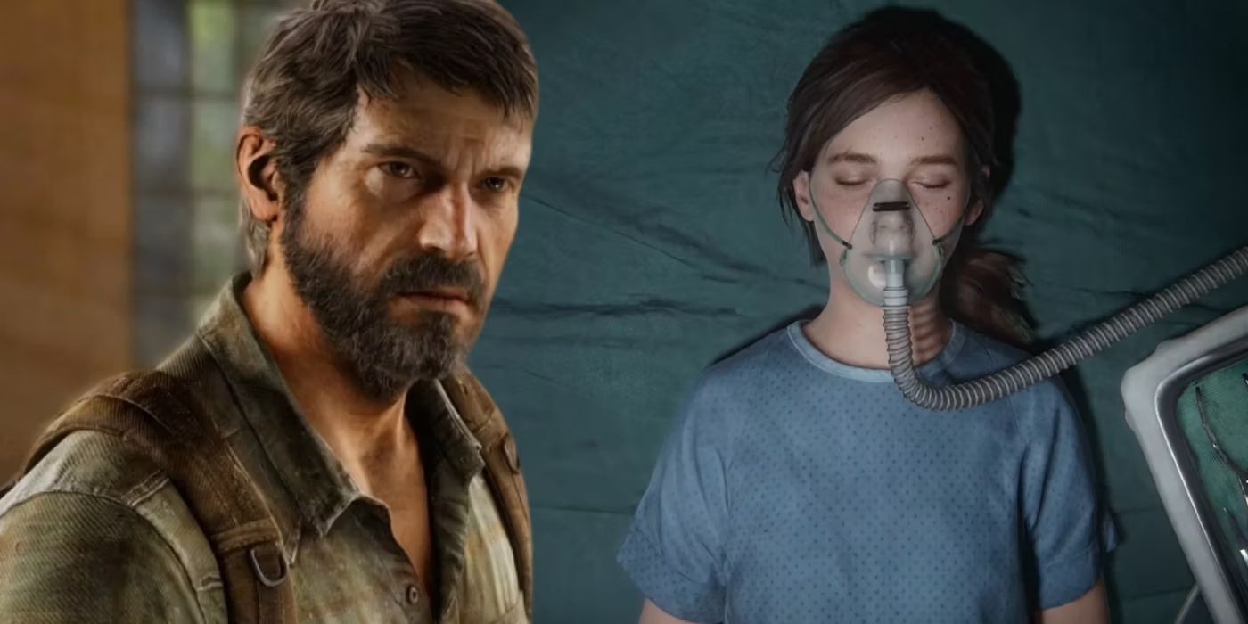 Un collage de Joel de The Last of Us a la izquierda y Ellie con una máscara de anestesia, inconsciente en una mesa de operaciones.