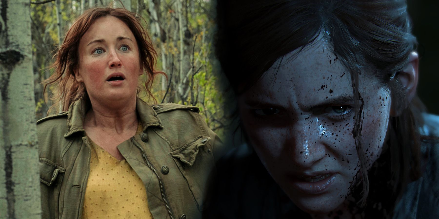 Blended image of Ashley Johnson in the woods and a video game Ellie in The Last Of Us