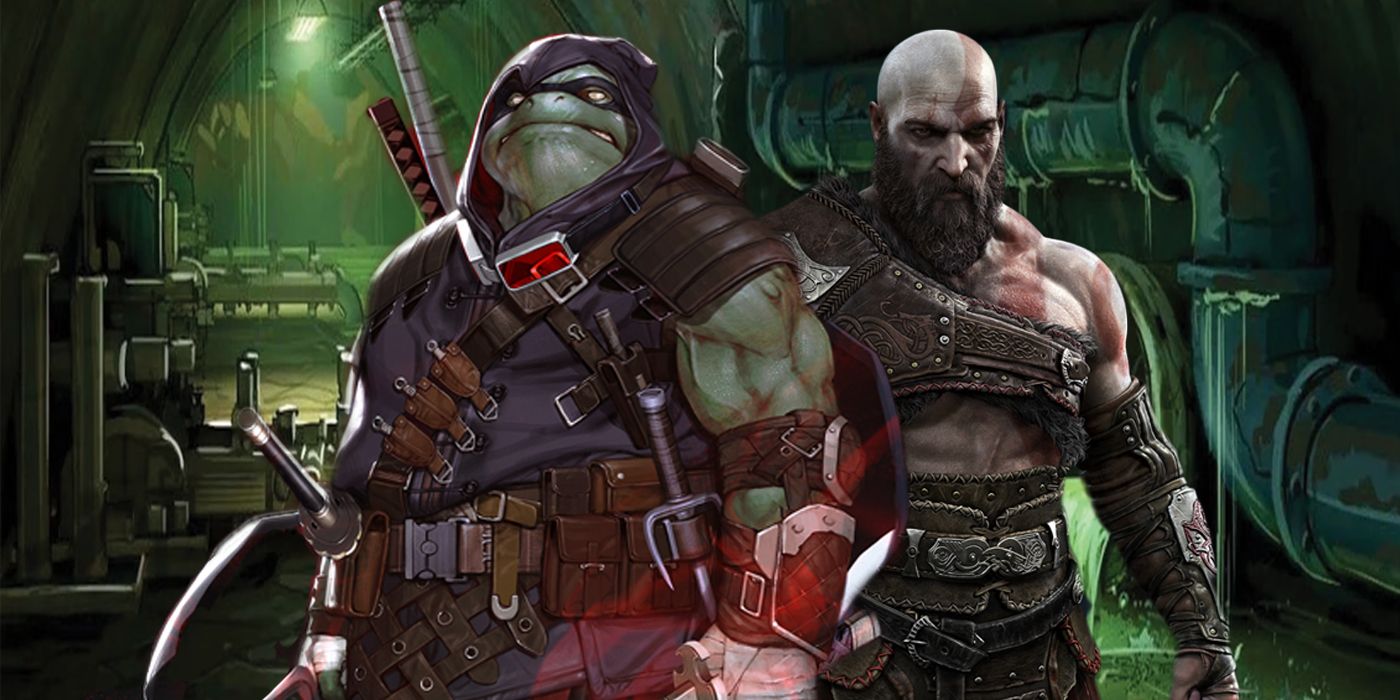 TMNT's Last Ronin and God of War's Kratos side-by-side in the sewers