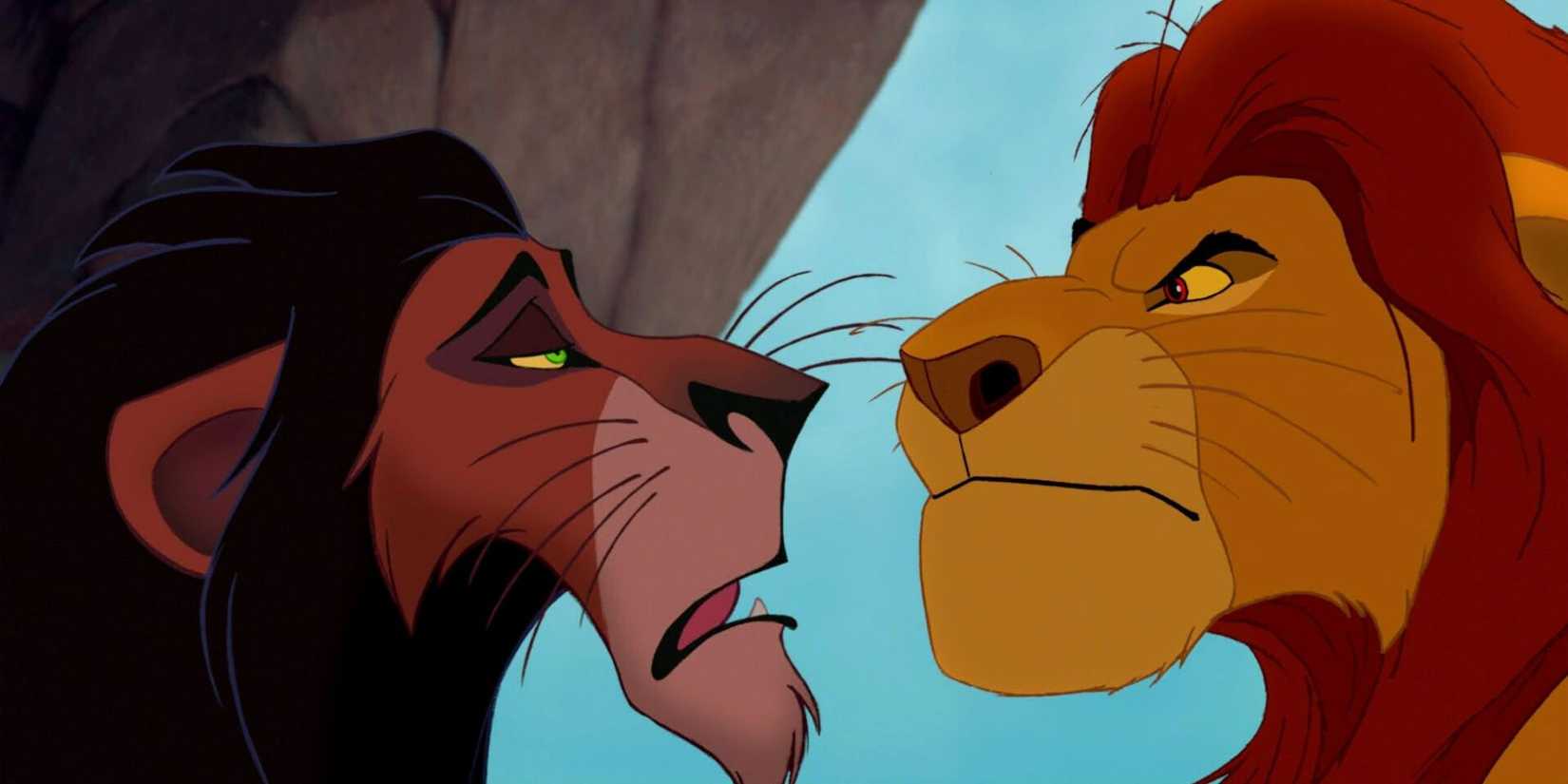 Scar and Mufasa look at one another in the animated The Lion King movie