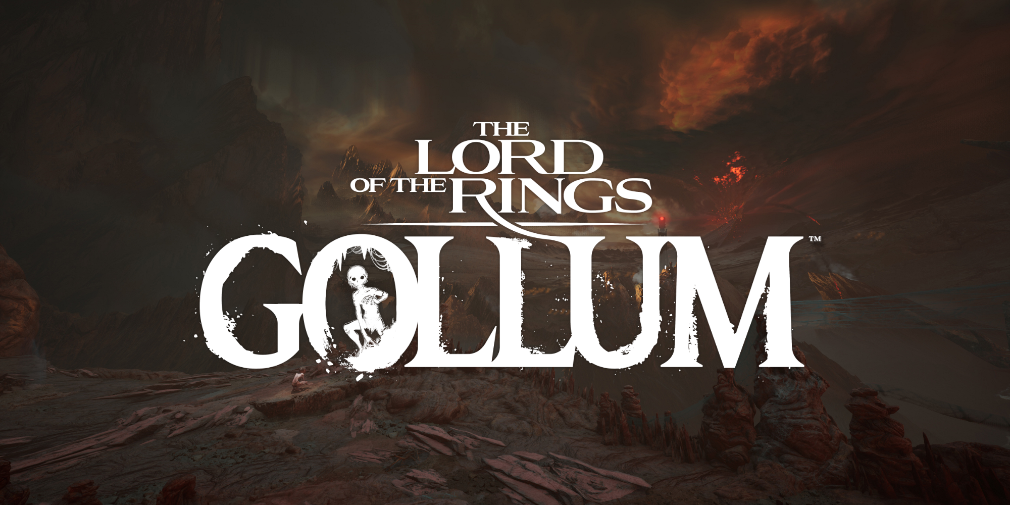 The Lord of the Rings: Gollum's logo superimposed on a landscape of Mordor, covered in volcanic rock and jagged peaks.