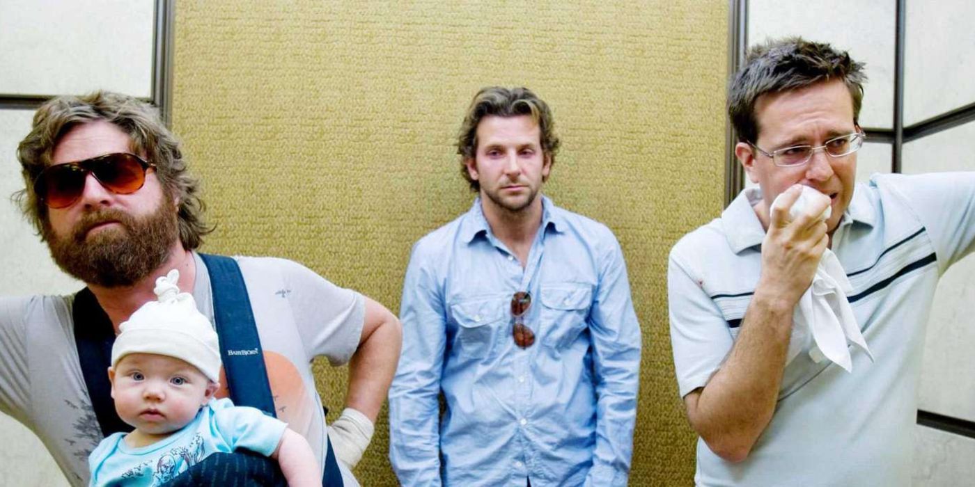 The main characters of The Hangover in an elevator