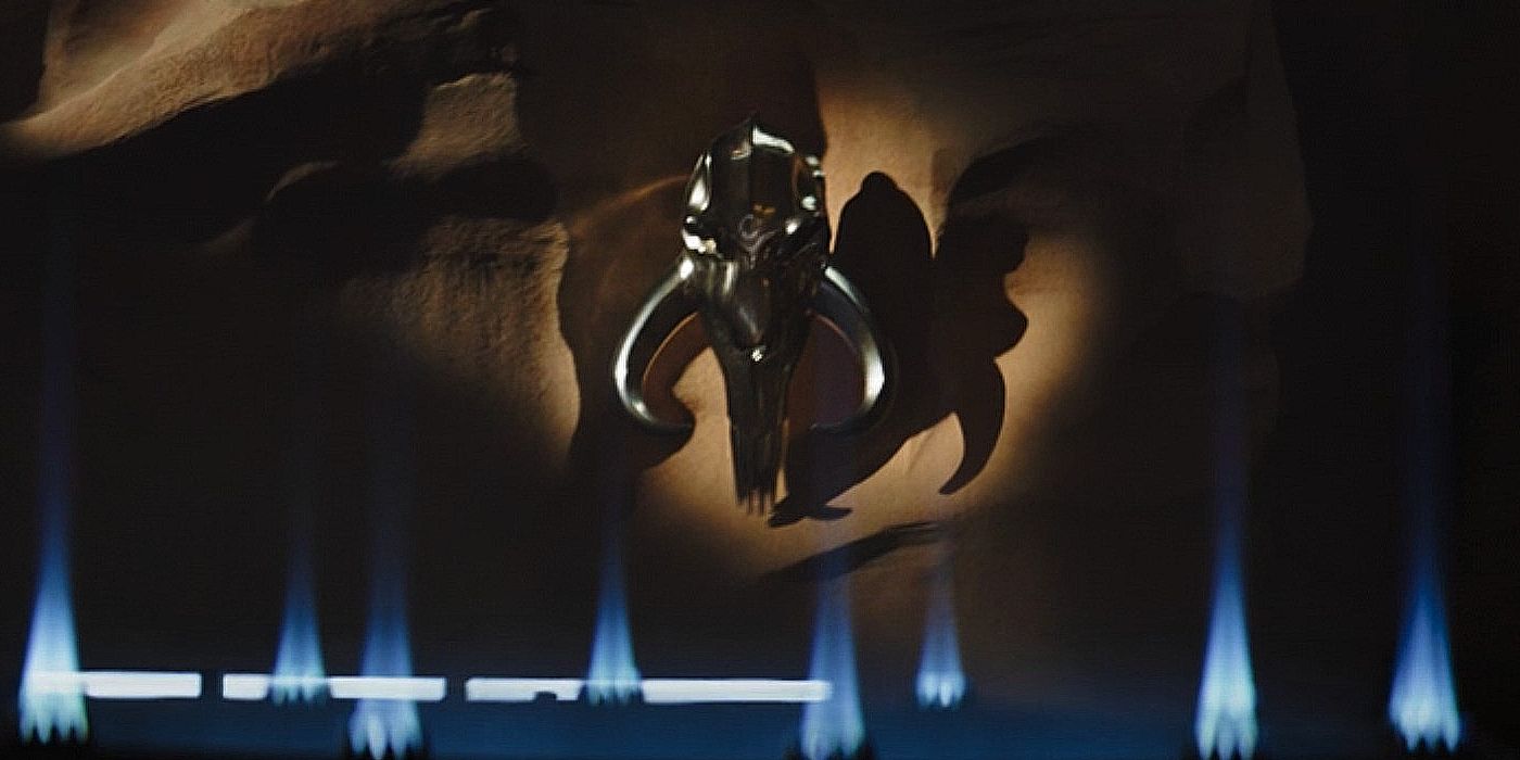 The Beskar skull of the Mythosaur hanging above the Armorer's forge in The Mandalorian season 3, episode 1