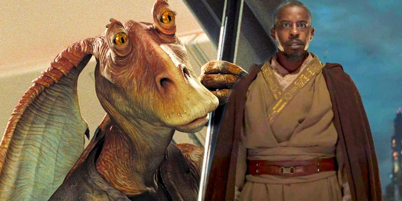Jar Jar Binks to the left and and Kelleran Beq in The Mandalorian season 3 to the right
