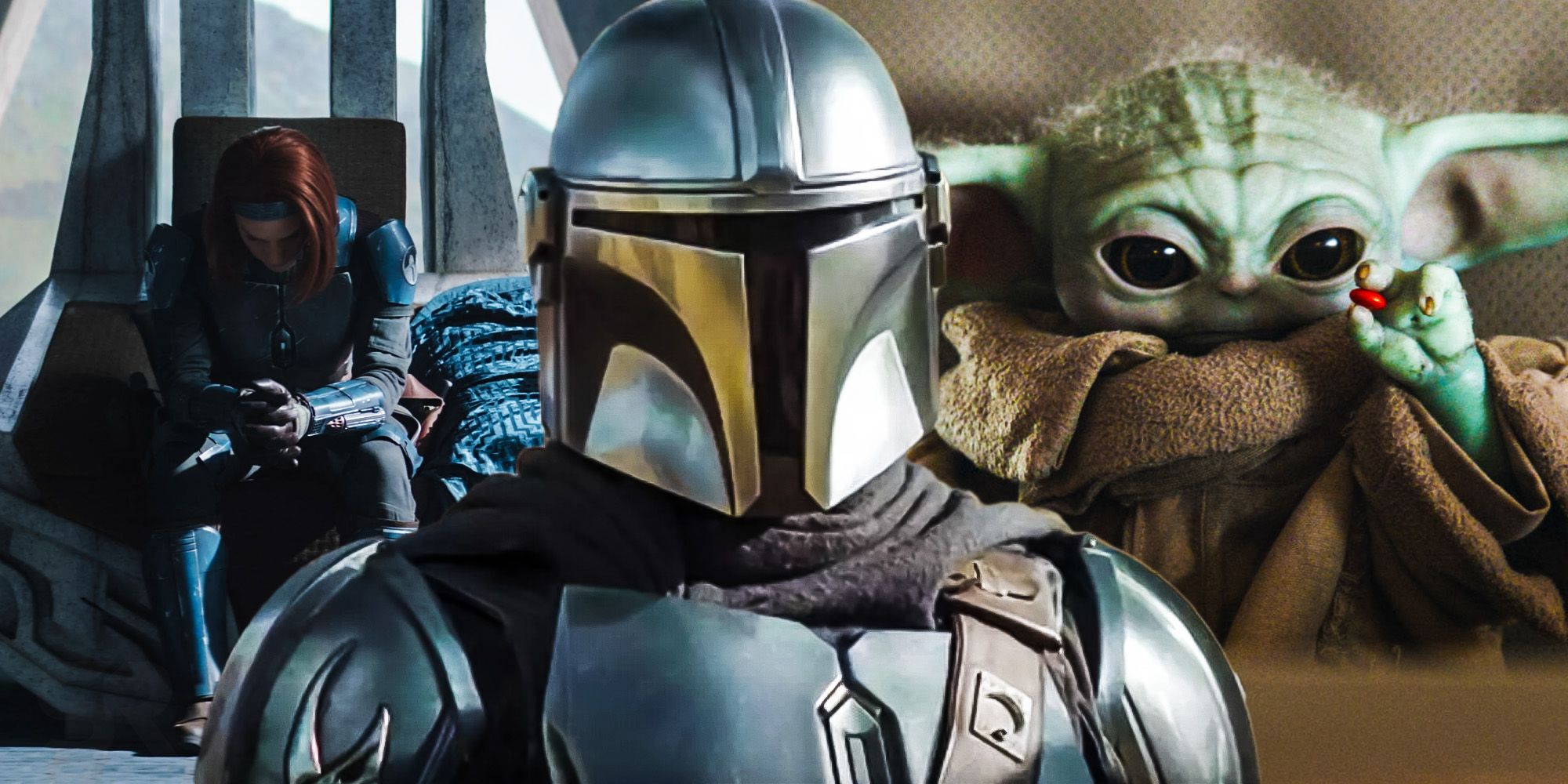 Mando, Bo-Katan, and Grogu in The Mandalorian