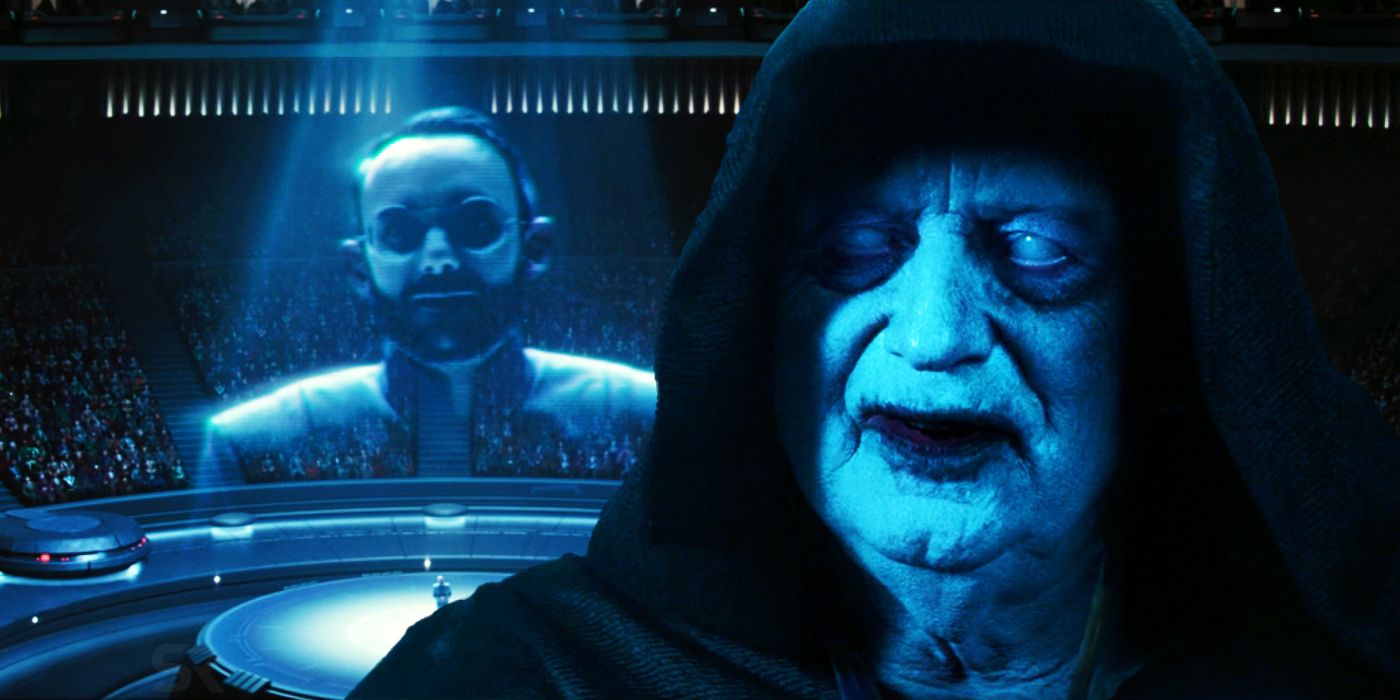 Dr. Pershing giving his speech on Coruscant in The Mandalorian season 3, episode 3 next to Palpatine's zombified clone from Star Wars: The Rise of Skywalker.
