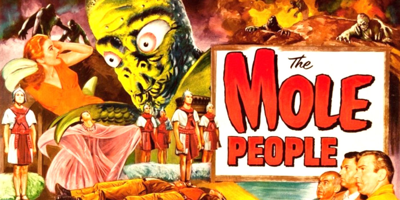 A colorful 1950s poster featuring a green mutant person, people in ancient looking garb, a screaming woman