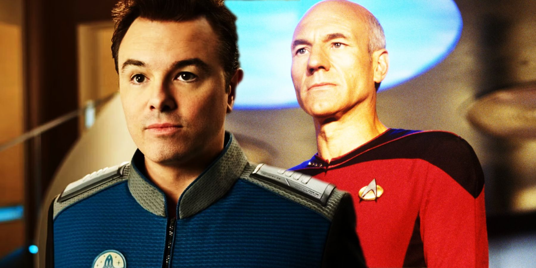 Seth MacFarlane as Captain Ed Mercer and Patrick Stewart as Captain Jean-Luc Picard