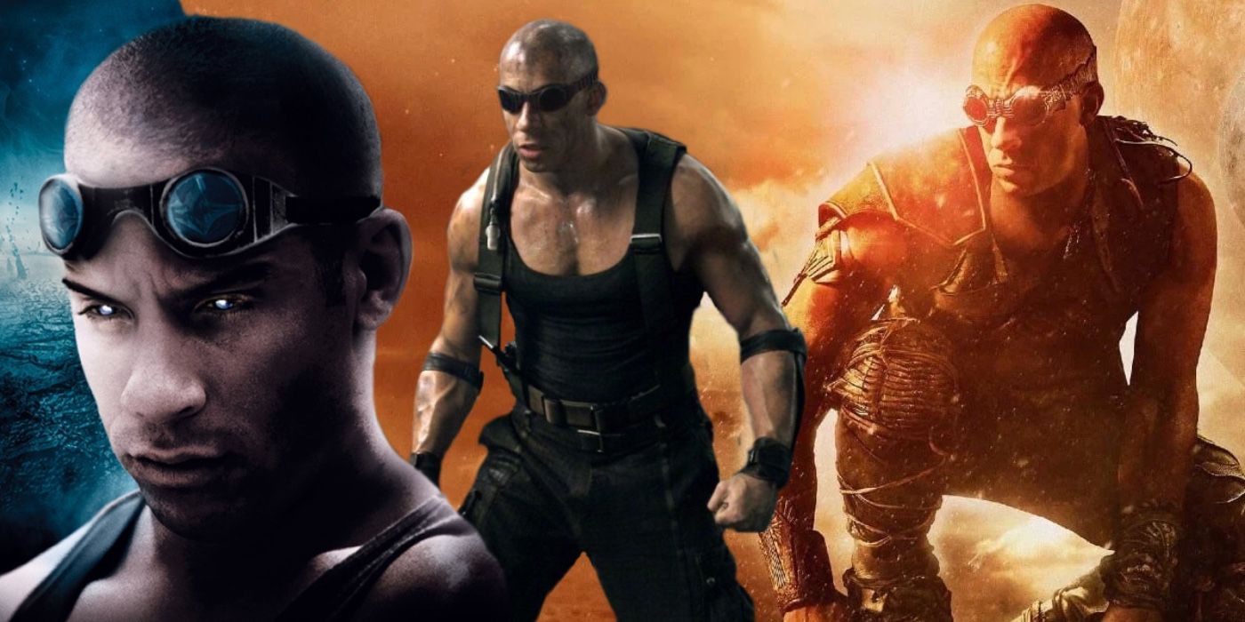 A composite image of Riddick from the Riddick film trilogy.