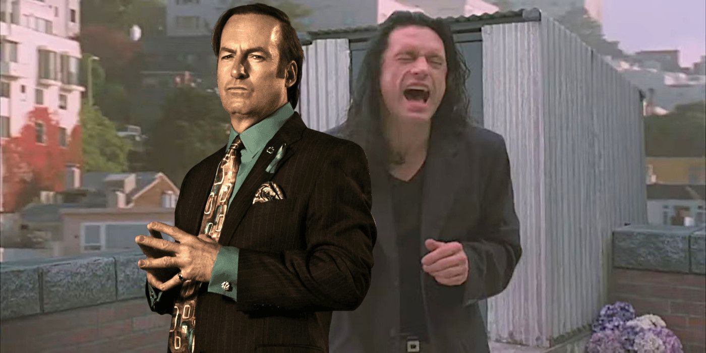 Bob Odenkirk as Saul Goodman looking smug in a fancy suit backdropped by Tommy Wiseau in the Room having a tantrum on the roof of a building