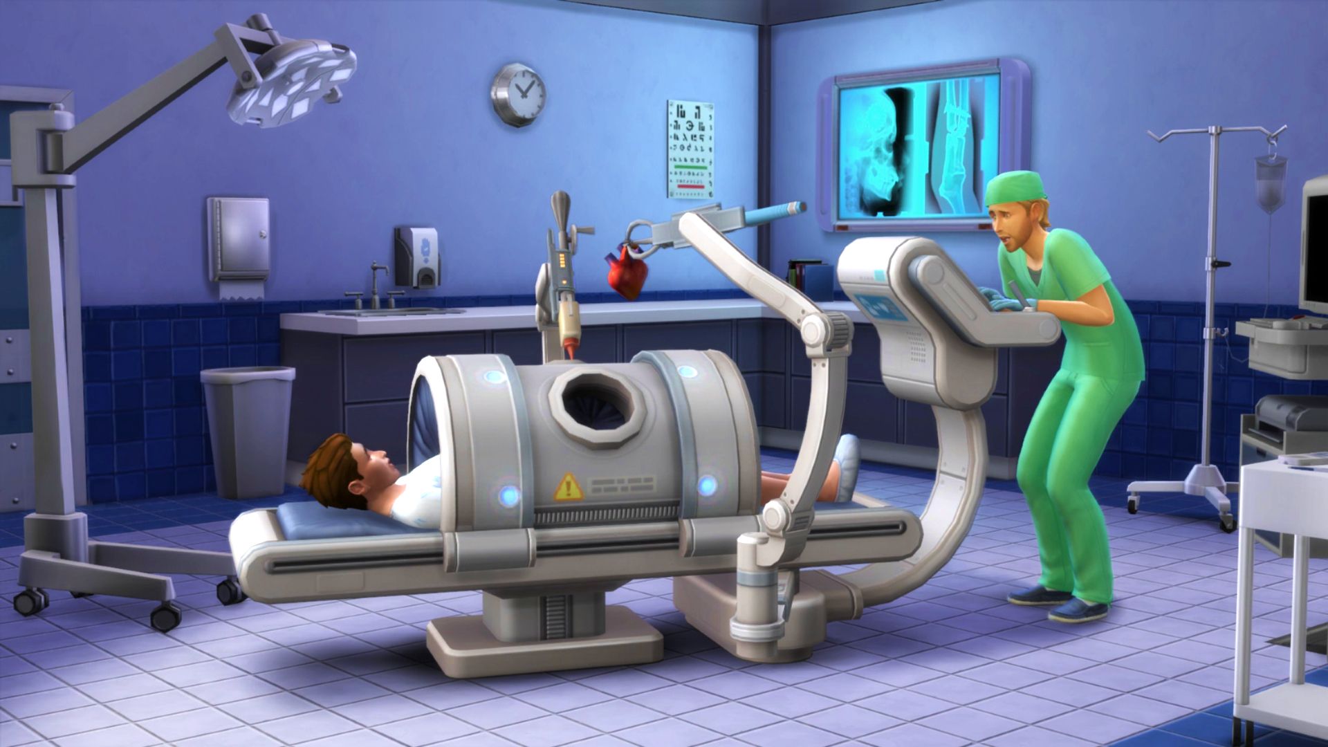 Los Sims 4 Doctor Sim operando a un paciente Sim en el hospital